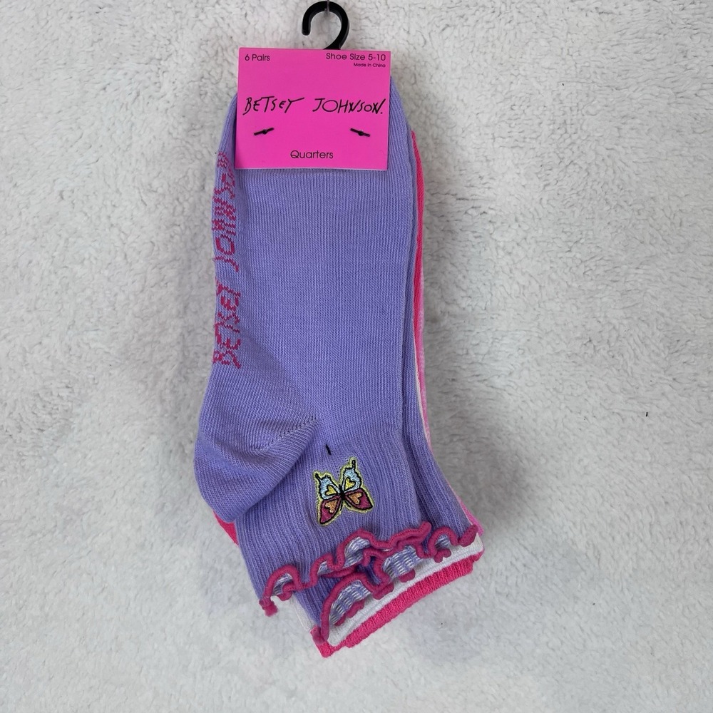 Betsey Johnson Womens Quarter Crew Socks 6 Pair Pink Purple White Gray Size 5-10